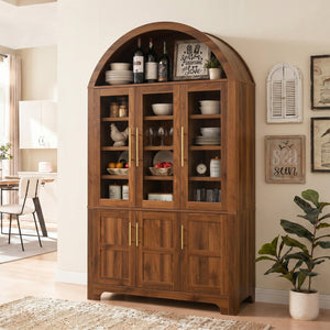 English Elm K&k Farmhouse Pantry Cabinet with Tempered Glass Doors Adjustable Shelves Dining Storage Walnut N707S000027Z