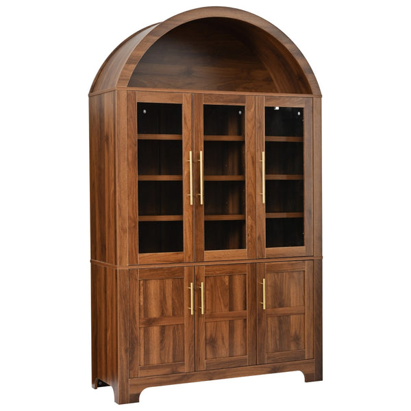 English Elm K&k Farmhouse Pantry Cabinet with Tempered Glass Doors Adjustable Shelves Dining Storage Walnut N707S000027Z