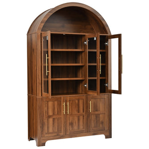 English Elm K&k Farmhouse Pantry Cabinet with Tempered Glass Doors Adjustable Shelves Dining Storage Walnut N707S000027Z