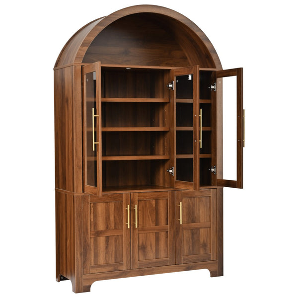 English Elm K&k Farmhouse Pantry Cabinet with Tempered Glass Doors Adjustable Shelves Dining Storage Walnut N707S000027Z