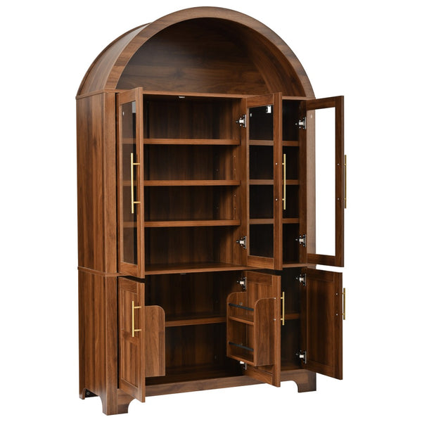 English Elm K&k Farmhouse Pantry Cabinet with Tempered Glass Doors Adjustable Shelves Dining Storage Walnut N707S000027Z