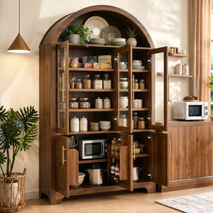 English Elm K&k Farmhouse Pantry Cabinet with Tempered Glass Doors Adjustable Shelves Dining Storage Walnut N707S000027Z