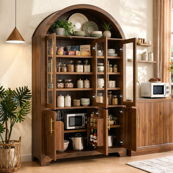 English Elm K&k Farmhouse Pantry Cabinet with Tempered Glass Doors Adjustable Shelves Dining Storage Walnut N707S000027Z