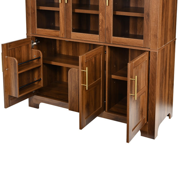 English Elm K&k Farmhouse Pantry Cabinet with Tempered Glass Doors Adjustable Shelves Dining Storage Walnut N707S000027Z