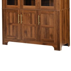 English Elm K&k Farmhouse Pantry Cabinet with Tempered Glass Doors Adjustable Shelves Dining Storage Walnut N707S000027Z
