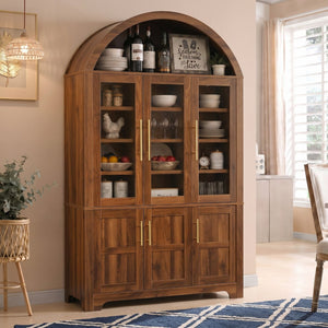 English Elm K&k Farmhouse Pantry Cabinet with Tempered Glass Doors Adjustable Shelves Dining Storage Walnut N707S000027Z