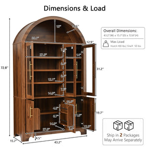 English Elm K&k Farmhouse Pantry Cabinet with Tempered Glass Doors Adjustable Shelves Dining Storage Walnut N707S000027Z