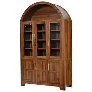 English Elm K&k Farmhouse Pantry Cabinet with Tempered Glass Doors Adjustable Shelves Dining Storage Walnut N707S000027Z
