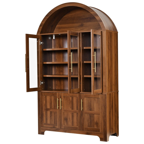 English Elm K&k Farmhouse Pantry Cabinet with Tempered Glass Doors Adjustable Shelves Dining Storage Walnut N707S000027Z