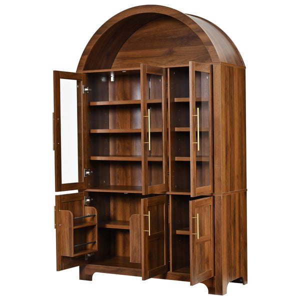 English Elm K&k Farmhouse Pantry Cabinet with Tempered Glass Doors Adjustable Shelves Dining Storage Walnut N707S000027Z