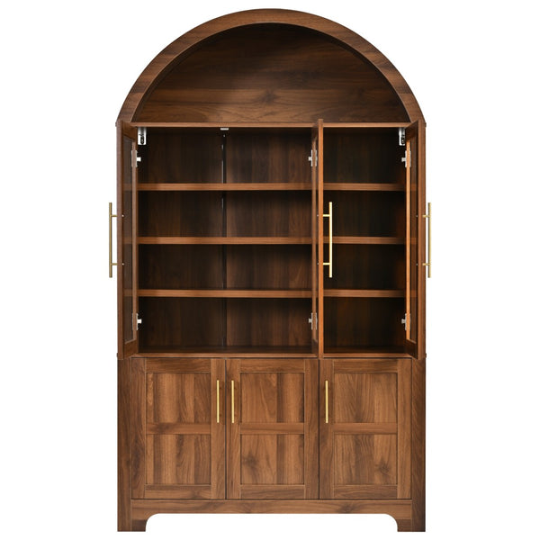 English Elm K&k Farmhouse Pantry Cabinet with Tempered Glass Doors Adjustable Shelves Dining Storage Walnut N707S000027Z