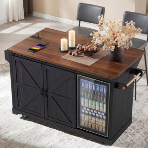 English Elm K&k Farmhouse Rolling Kitchen Island with Barn Doors Charging Station and Wine Storage Black N707S000028B