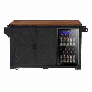 English Elm K&k Farmhouse Rolling Kitchen Island with Barn Doors Charging Station and Wine Storage Black N707S000028B