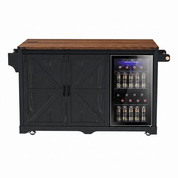 English Elm K&k Farmhouse Rolling Kitchen Island with Barn Doors Charging Station and Wine Storage Black N707S000028B