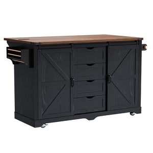 English Elm K&k Farmhouse Rolling Kitchen Island with Barn Doors Charging Station and Wine Storage Black N707S000028B