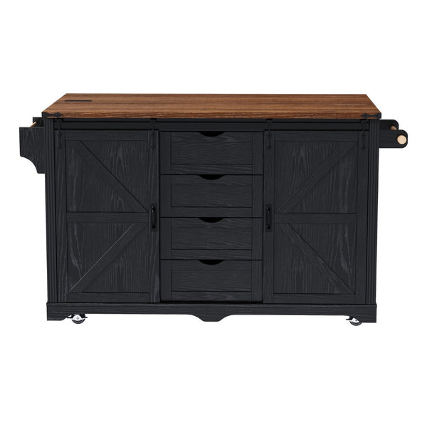 English Elm K&k Farmhouse Rolling Kitchen Island with Barn Doors Charging Station and Wine Storage Black N707S000028B