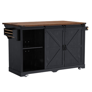 English Elm K&k Farmhouse Rolling Kitchen Island with Barn Doors Charging Station and Wine Storage Black N707S000028B
