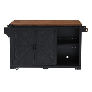 English Elm K&k Farmhouse Rolling Kitchen Island with Barn Doors Charging Station and Wine Storage Black N707S000028B