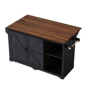 English Elm K&k Farmhouse Rolling Kitchen Island with Barn Doors Charging Station and Wine Storage Black N707S000028B