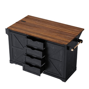 English Elm K&k Farmhouse Rolling Kitchen Island with Barn Doors Charging Station and Wine Storage Black N707S000028B