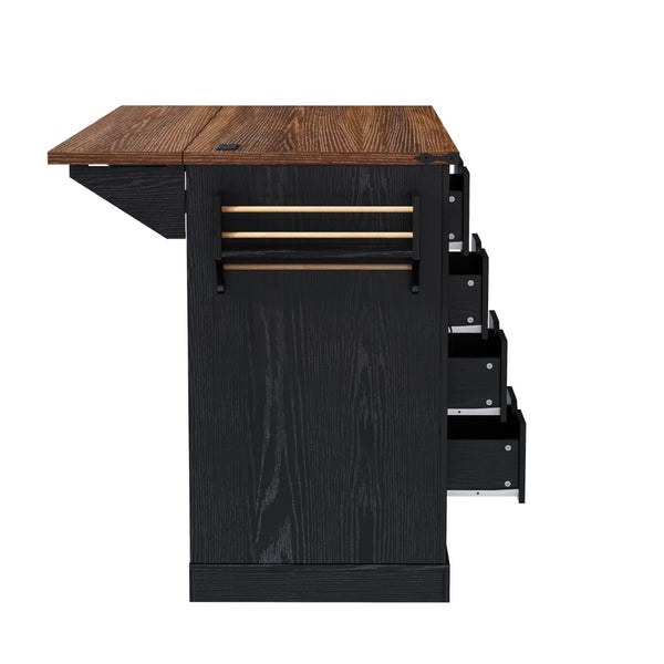 English Elm K&k Farmhouse Rolling Kitchen Island with Barn Doors Charging Station and Wine Storage Black N707S000028B