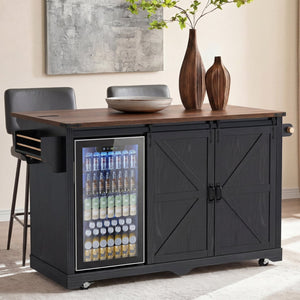 English Elm K&k Farmhouse Rolling Kitchen Island with Barn Doors Charging Station and Wine Storage Black N707S000028B