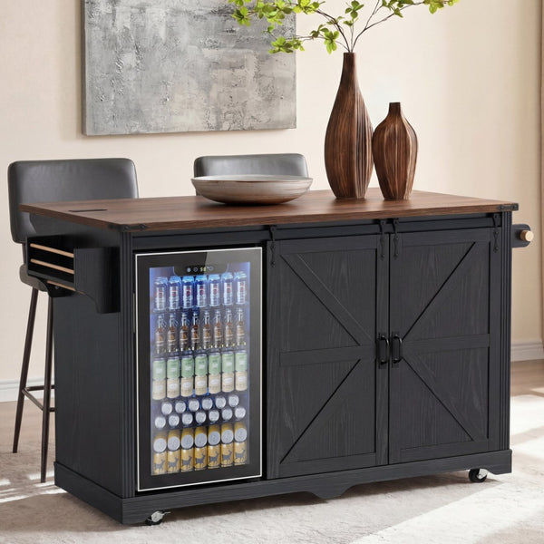 English Elm K&k Farmhouse Rolling Kitchen Island with Barn Doors Charging Station and Wine Storage Black N707S000028B