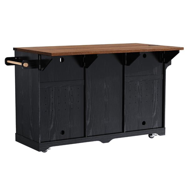 English Elm K&k Farmhouse Rolling Kitchen Island with Barn Doors Charging Station and Wine Storage Black N707S000028B