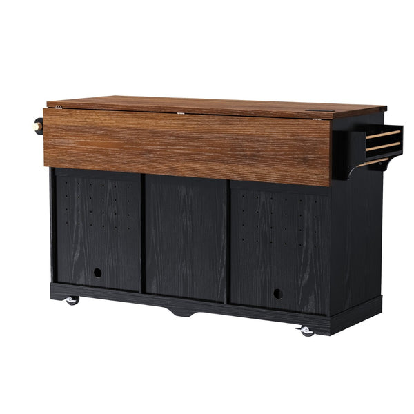 English Elm K&k Farmhouse Rolling Kitchen Island with Barn Doors Charging Station and Wine Storage Black N707S000028B