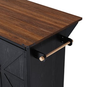 English Elm K&k Farmhouse Rolling Kitchen Island with Barn Doors Charging Station and Wine Storage Black N707S000028B