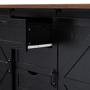 English Elm K&k Farmhouse Rolling Kitchen Island with Barn Doors Charging Station and Wine Storage Black N707S000028B