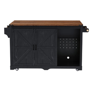 English Elm K&k Farmhouse Rolling Kitchen Island with Barn Doors Charging Station and Wine Storage Black N707S000028B