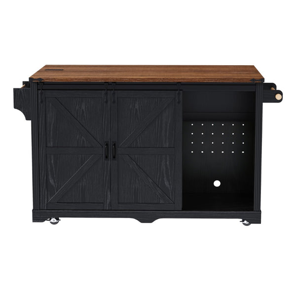 English Elm K&k Farmhouse Rolling Kitchen Island with Barn Doors Charging Station and Wine Storage Black N707S000028B