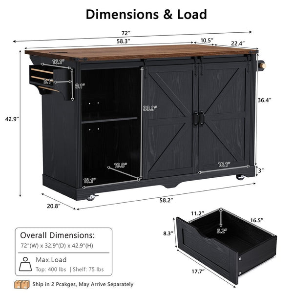 English Elm K&k Farmhouse Rolling Kitchen Island with Barn Doors Charging Station and Wine Storage Black N707S000028B