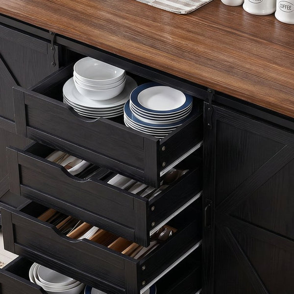 English Elm K&k Farmhouse Rolling Kitchen Island with Barn Doors Charging Station and Wine Storage Black N707S000028B