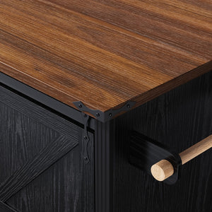 English Elm K&k Farmhouse Rolling Kitchen Island with Barn Doors Charging Station and Wine Storage Black N707S000028B