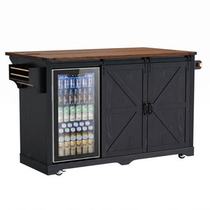 English Elm K&k Farmhouse Rolling Kitchen Island with Barn Doors Charging Station and Wine Storage Black N707S000028B