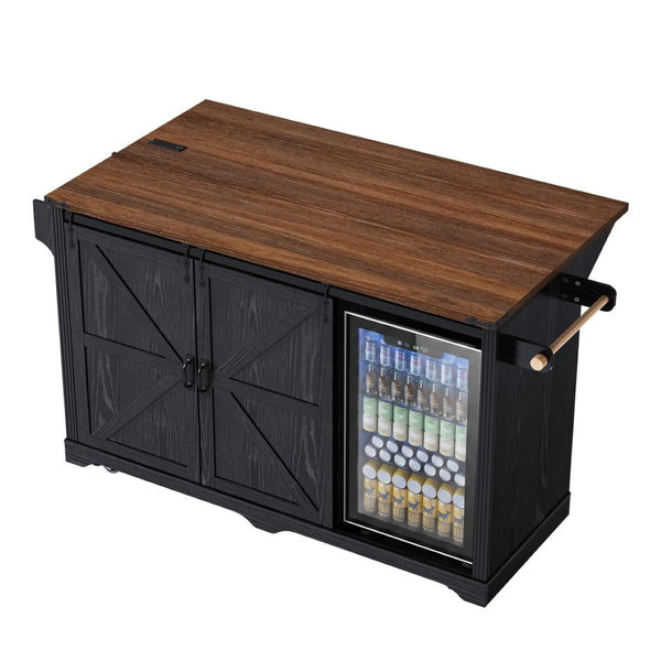 English Elm K&k Farmhouse Rolling Kitchen Island with Barn Doors Charging Station and Wine Storage Black N707S000028B
