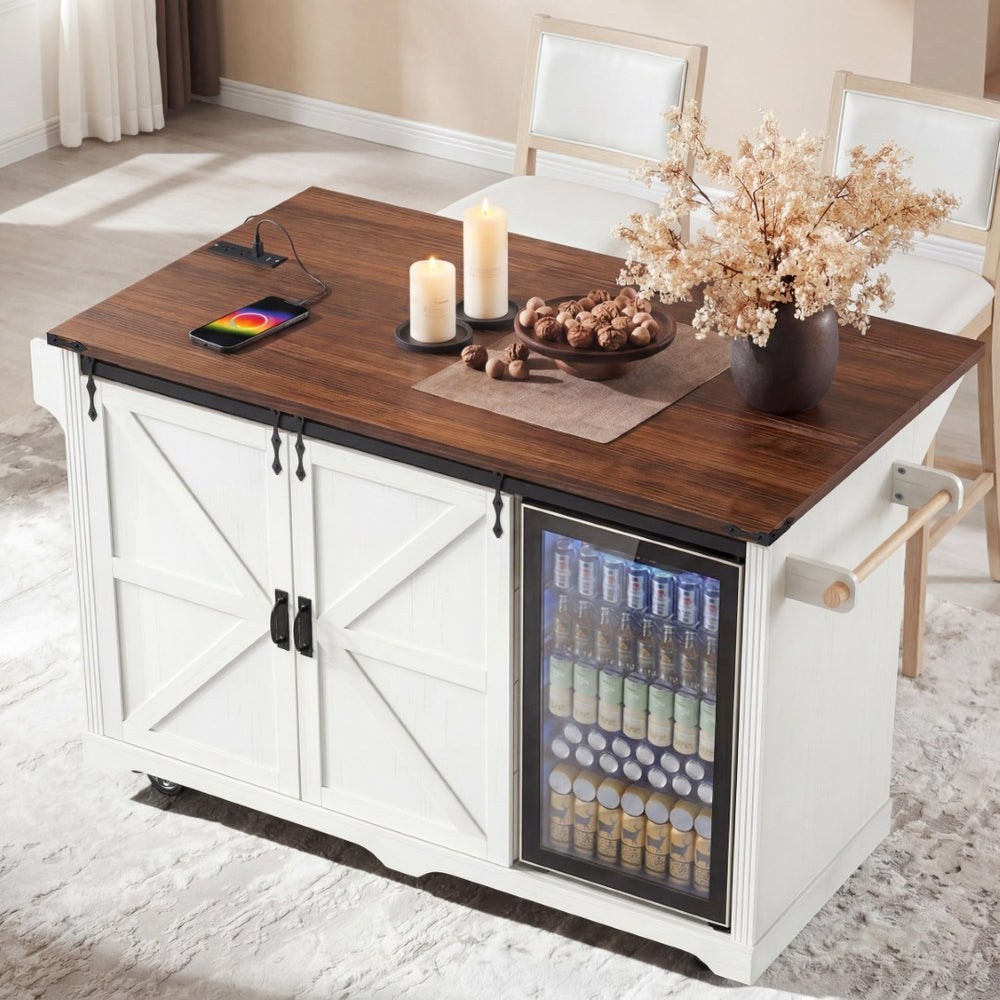 English Elm K&k Farmhouse Rolling Kitchen Island with Barn Doors Charging Station and Wine Storage White N707S000028W