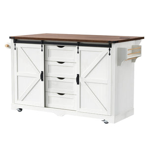 English Elm K&k Farmhouse Rolling Kitchen Island with Barn Doors Charging Station and Wine Storage White N707S000028W