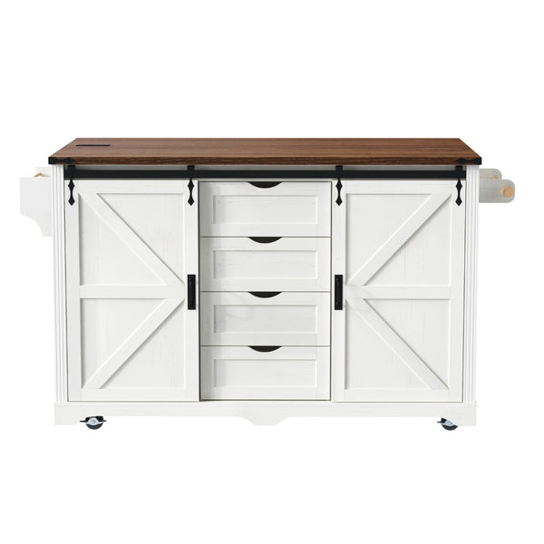 English Elm K&k Farmhouse Rolling Kitchen Island with Barn Doors Charging Station and Wine Storage White N707S000028W