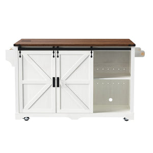 English Elm K&k Farmhouse Rolling Kitchen Island with Barn Doors Charging Station and Wine Storage White N707S000028W