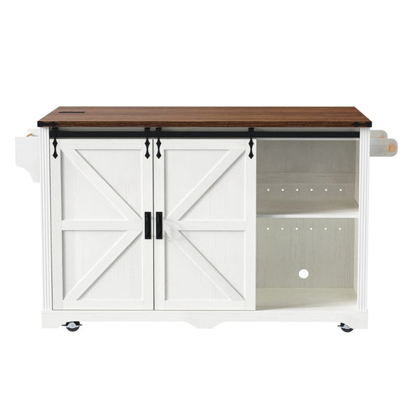 English Elm K&k Farmhouse Rolling Kitchen Island with Barn Doors Charging Station and Wine Storage White N707S000028W