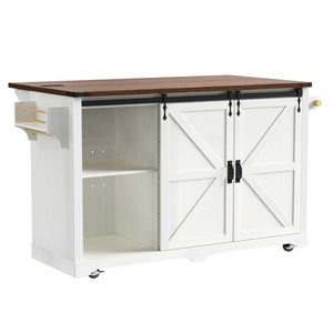 English Elm K&k Farmhouse Rolling Kitchen Island with Barn Doors Charging Station and Wine Storage White N707S000028W