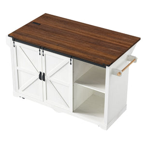 English Elm K&k Farmhouse Rolling Kitchen Island with Barn Doors Charging Station and Wine Storage White N707S000028W