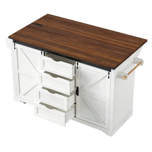 English Elm K&k Farmhouse Rolling Kitchen Island with Barn Doors Charging Station and Wine Storage White N707S000028W