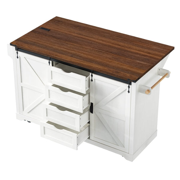 English Elm K&k Farmhouse Rolling Kitchen Island with Barn Doors Charging Station and Wine Storage White N707S000028W