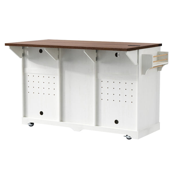 English Elm K&k Farmhouse Rolling Kitchen Island with Barn Doors Charging Station and Wine Storage White N707S000028W