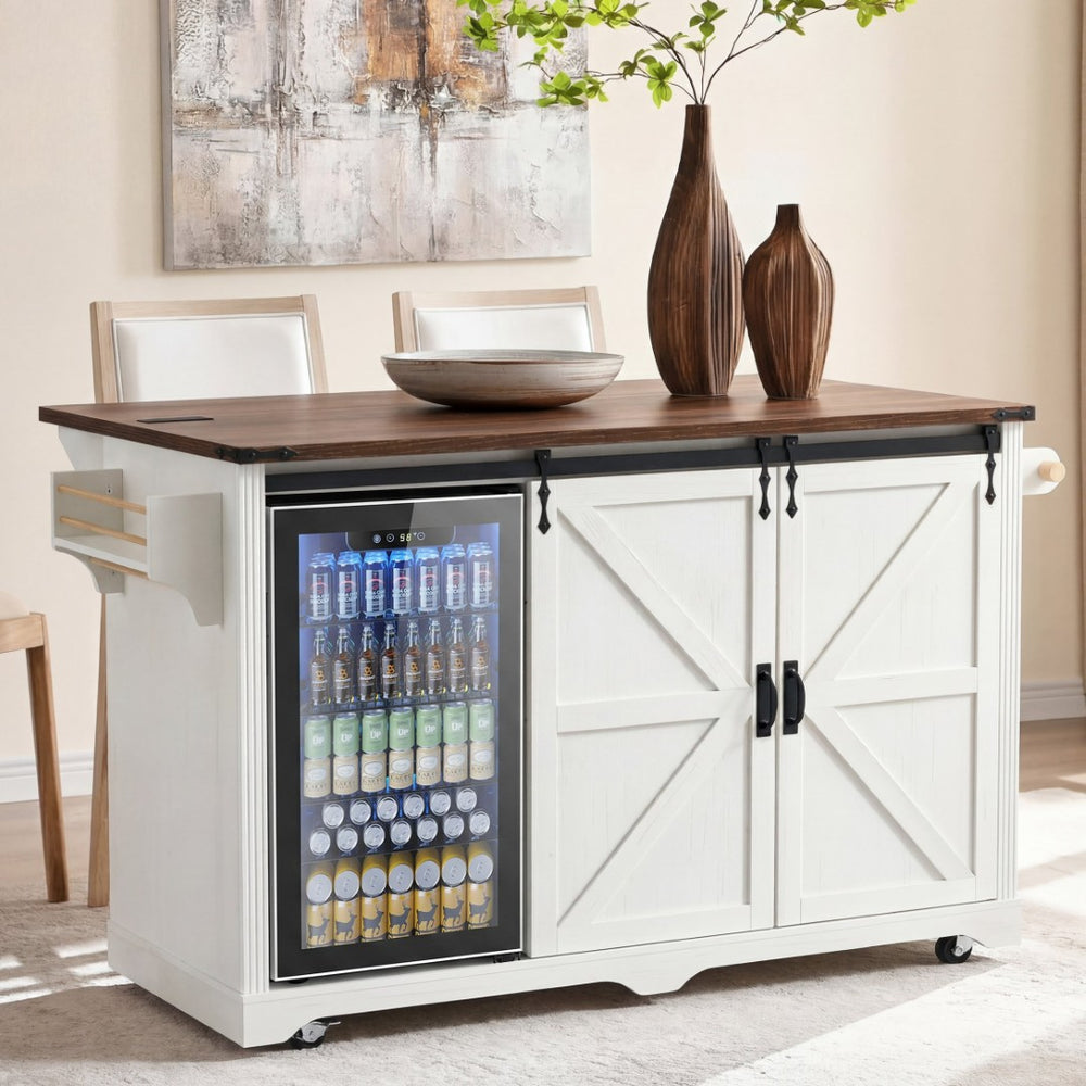 English Elm K&k Farmhouse Rolling Kitchen Island with Barn Doors Charging Station and Wine Storage White N707S000028W
