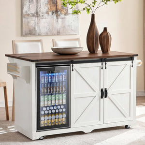 English Elm K&k Farmhouse Rolling Kitchen Island with Barn Doors Charging Station and Wine Storage White N707S000028W